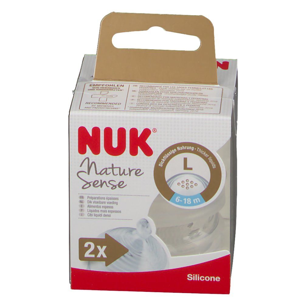 Paquet de deux tétines en silicone. Inscription: NUK Nature Sense, L, 6-18 m. Recommandé pour les liquides épais.