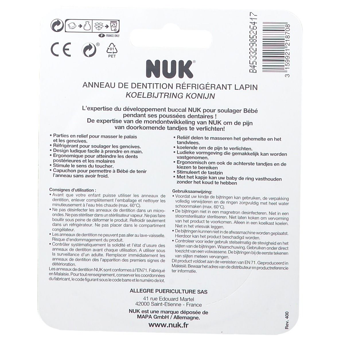 Dos de l'emballage avec informations produit et marquage CE.