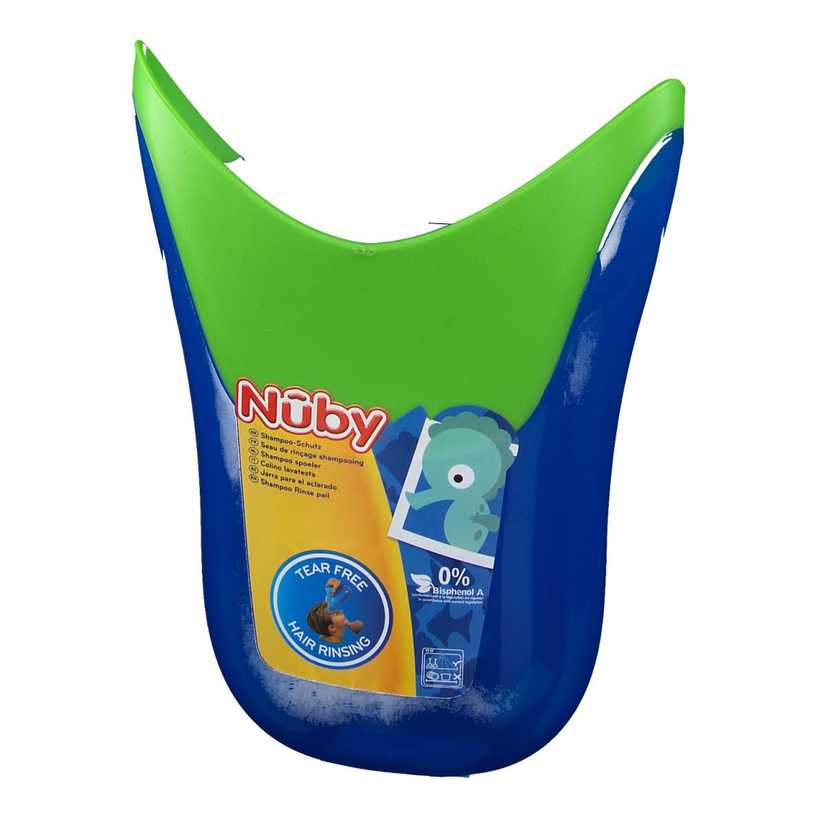 Blauer und grüner Shampoo-Schutz. Mit Nuby-Logo und Text "Tear Free Hair Rinsing".