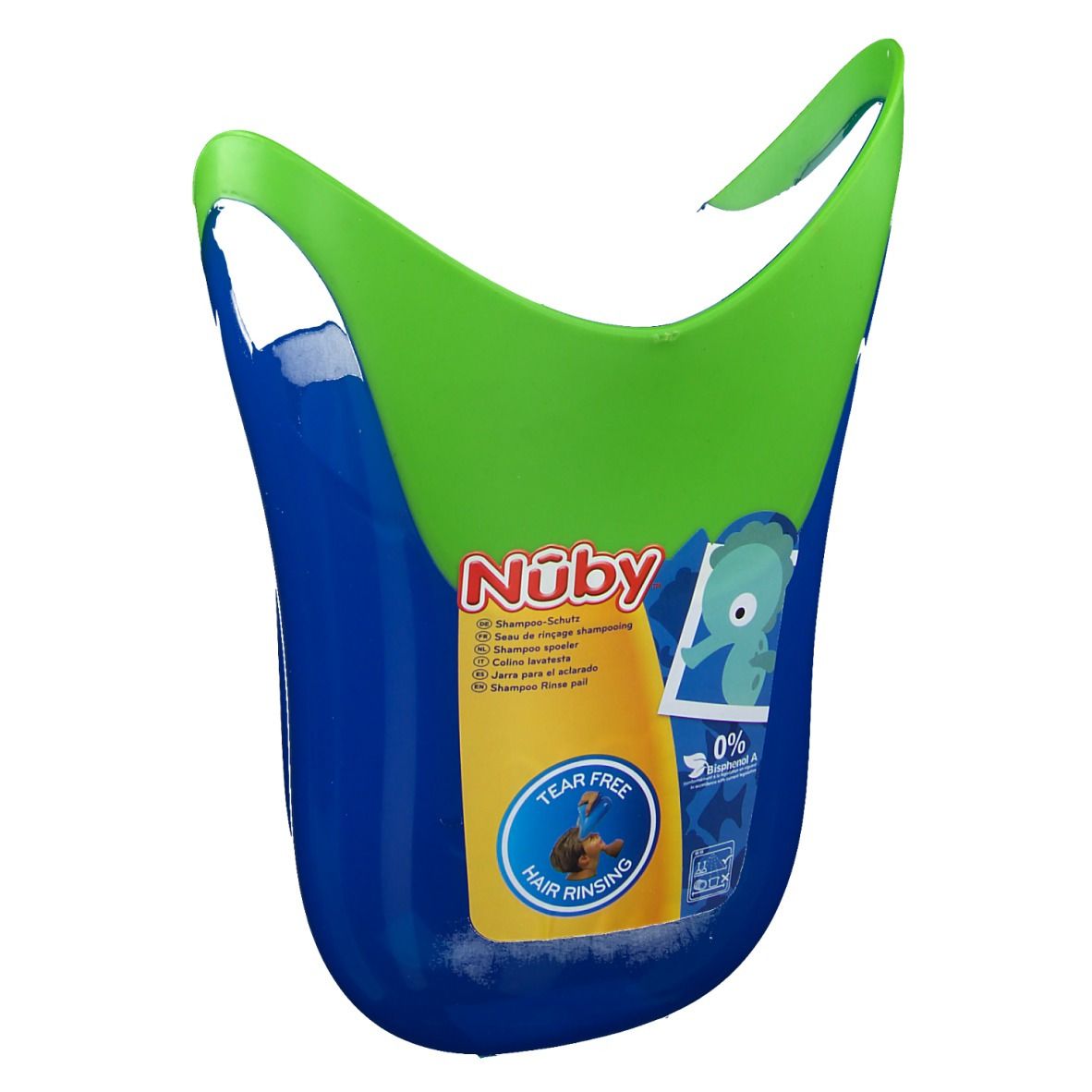 Blauer und grüner Shampoo-Schutz. Mit Nuby-Logo und Text "Tear Free Hair Rinsing".