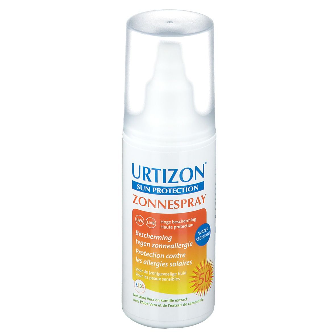 Weißes Sonnenspray mit blauem und orangefarbenem Etikett. Text: URTIZON Sonnenspray, LSF 50, Schutz vor Sonnenallergie.