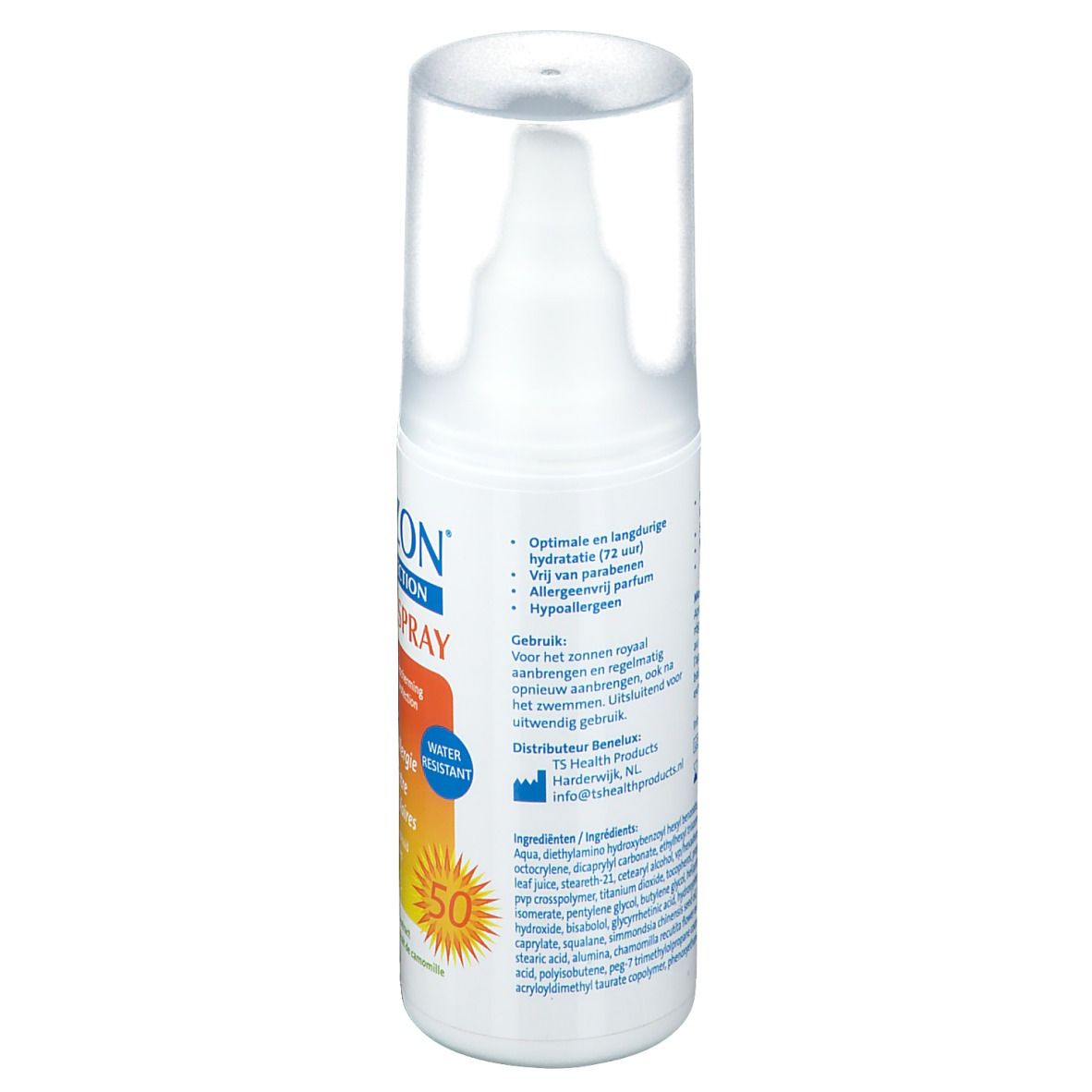 Rückseite des weißen Sonnensprays. Text: Inhaltsstoffe, Gebrauchsanweisung. Blaue und weiße Schrift auf weißem Hintergrund.