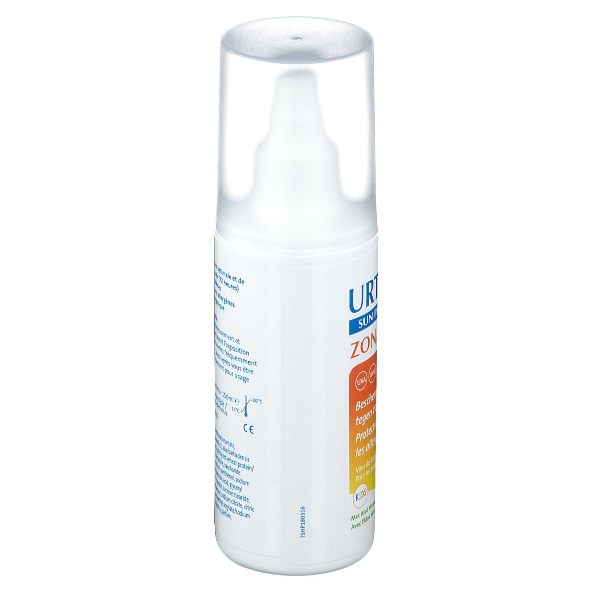 Weißes Sonnenspray mit blauem und orangefarbenem Etikett. Text: URTIZON Sonnenspray, LSF 50, Schutz vor Sonnenallergie.