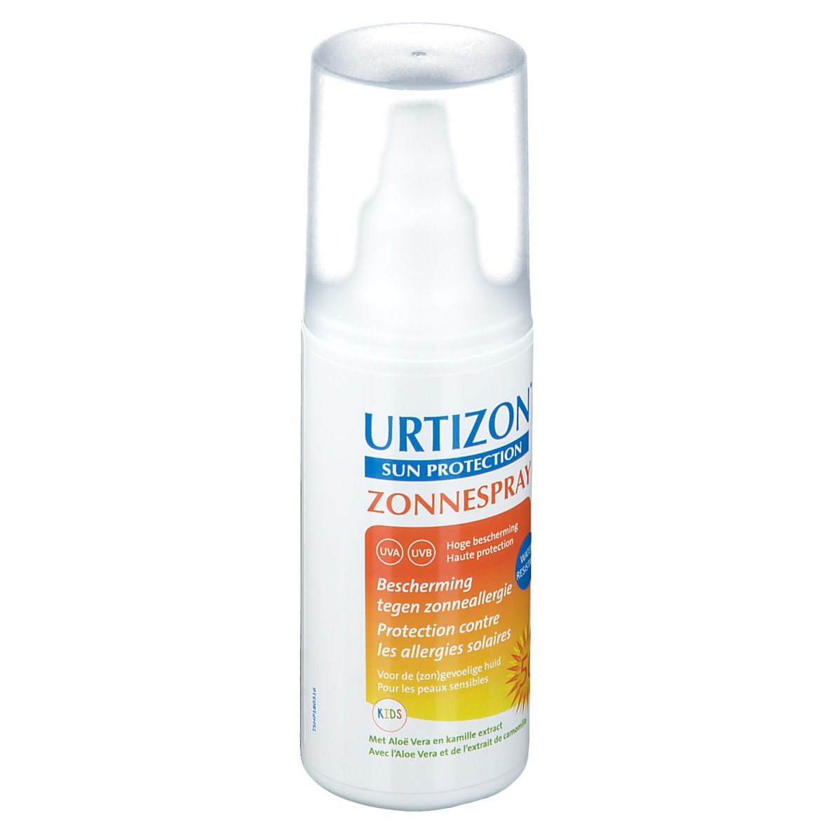 Weißes Sonnenspray mit blauem und orangefarbenem Etikett. Text: URTIZON Sonnenspray, LSF 50, Schutz vor Sonnenallergie.