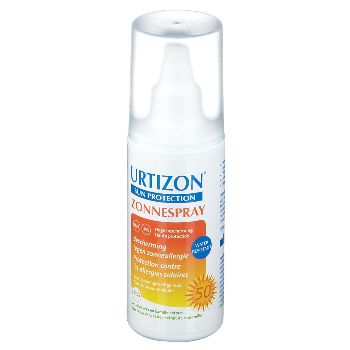 Weißes Sonnenspray mit blauem und orangefarbenem Etikett. Text: URTIZON Sonnenspray, LSF 50, Schutz vor Sonnenallergie.