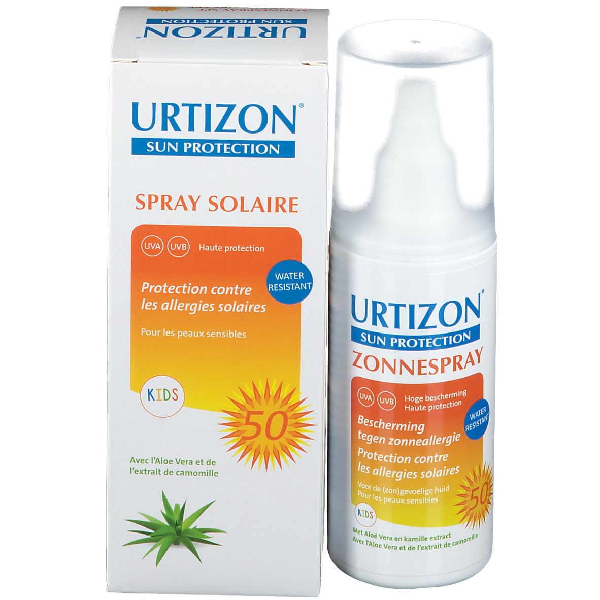 Sonnenspray und Verpackung. Weißes Spray mit blauem und orangefarbenem Etikett. Karton mit Text: URTIZON, Spray Solaire, LSF 50.