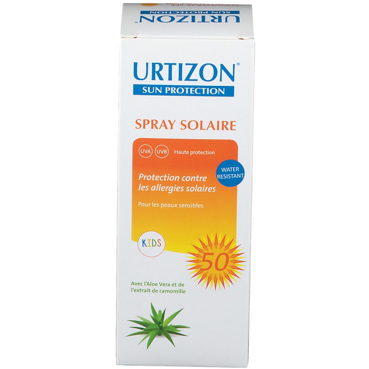 Weiße Verpackung mit Text: URTIZON, Spray Solaire, LSF 50. Orangefarbener Hintergrund mit Sonnenmotiv und Aloe Vera.