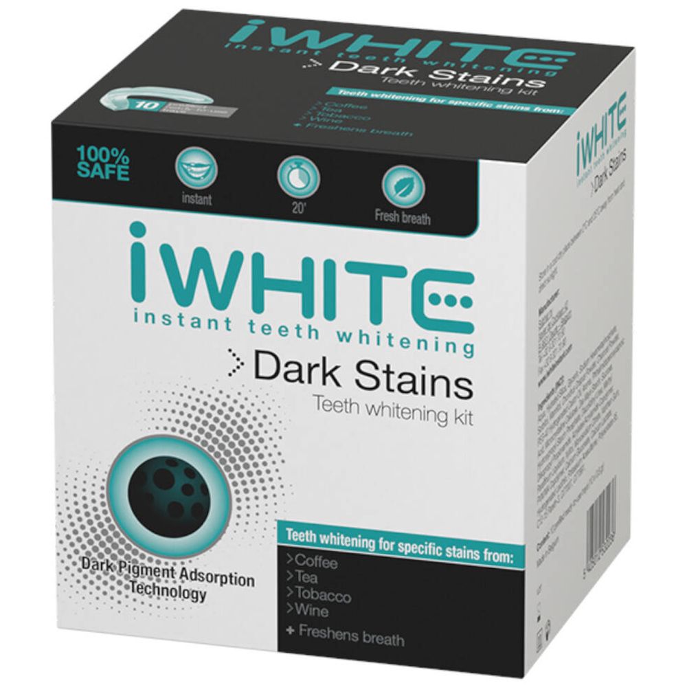 Kit de blanchiment dentaire iWhite Dark Stains. Boîte noire avec nom et logos. Contient 10 gouttières préremplies.