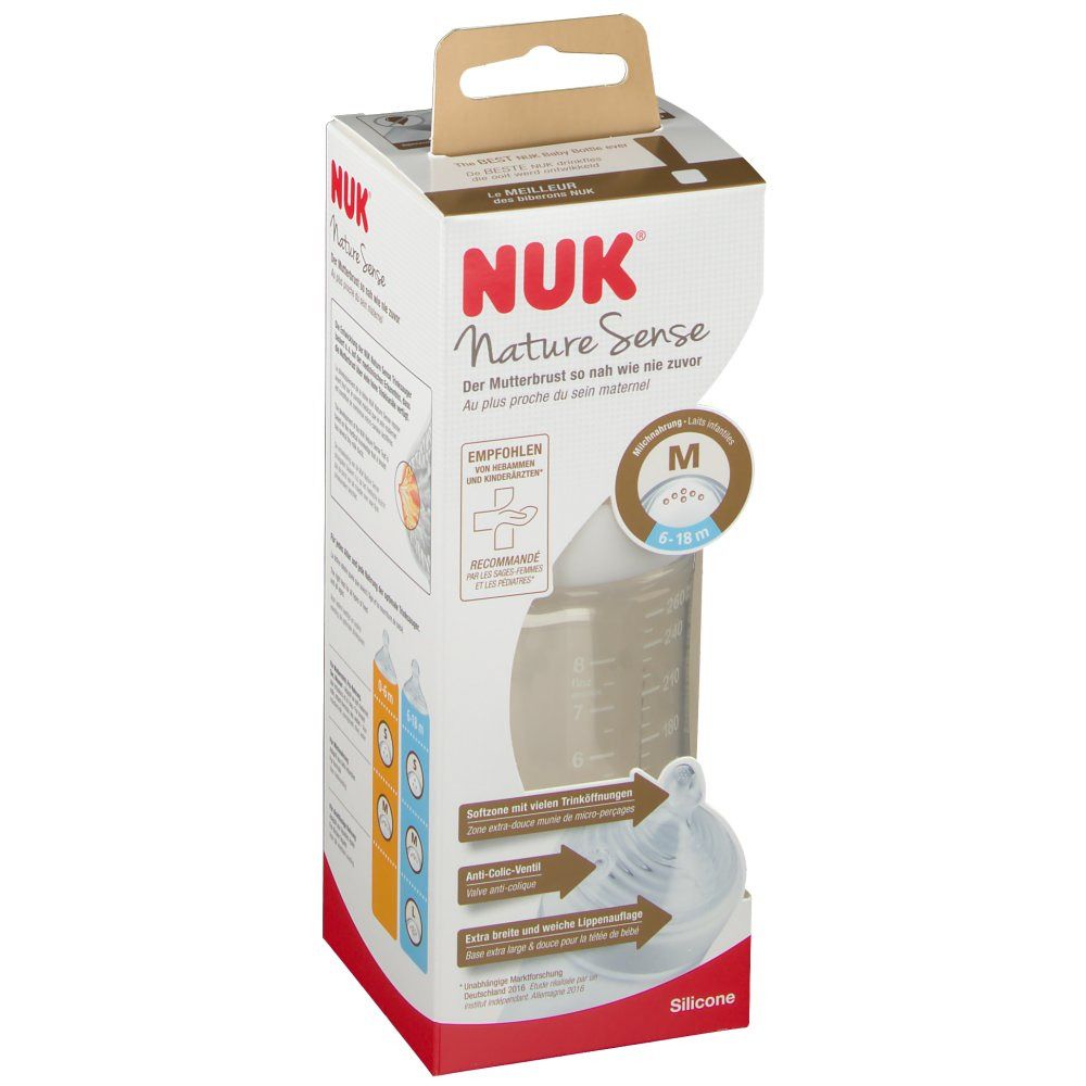Emballage de biberon NUK Nature Sense. Tétine M, 6-18 mois. En silicone. Recommandé.