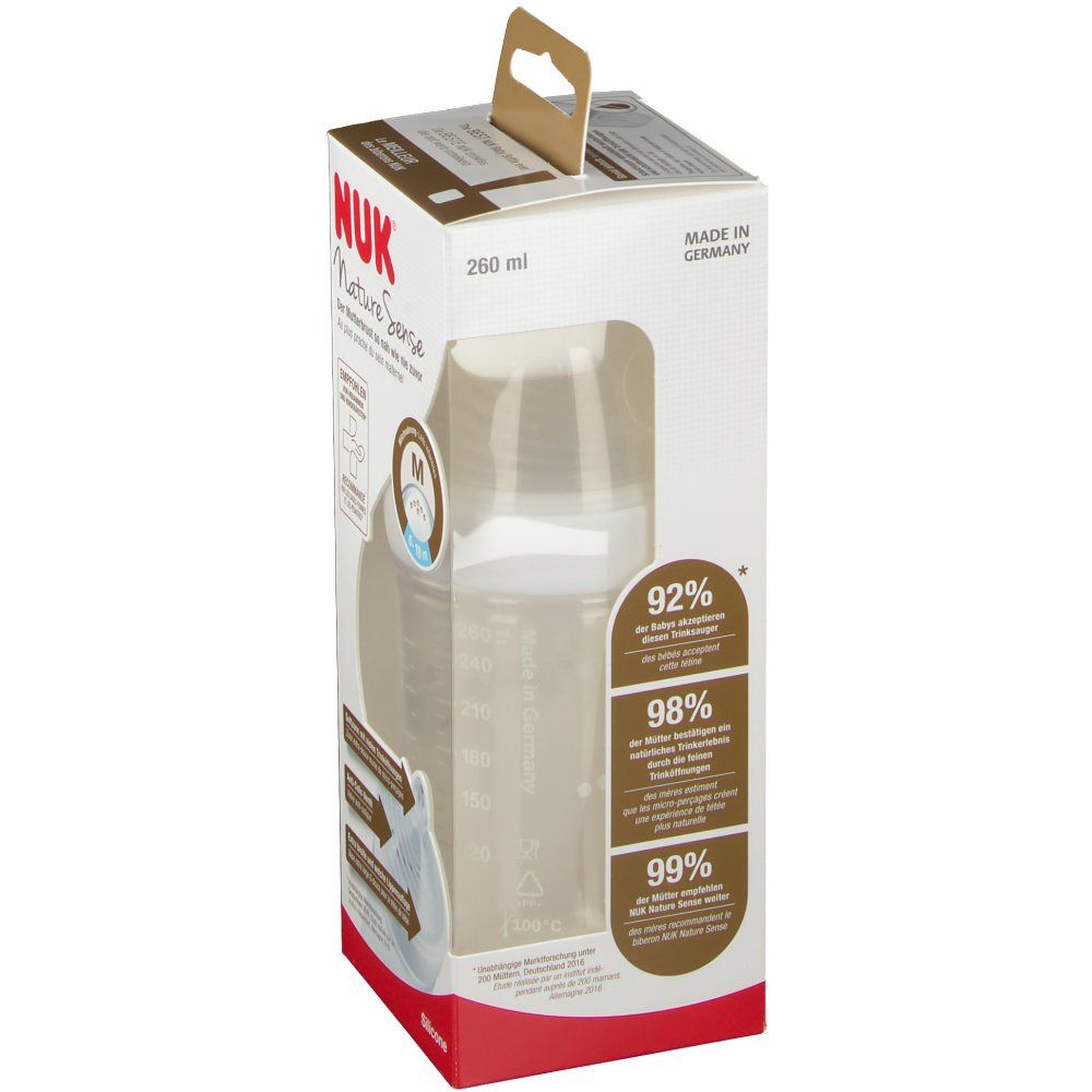 Emballage de biberon NUK Nature Sense, 260 ml. Fabriqué en Allemagne. Biberon transparent.