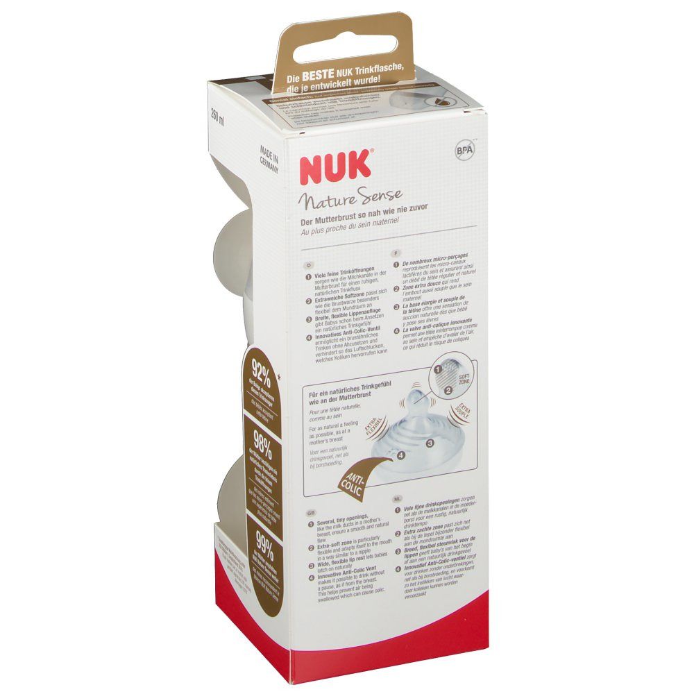 Dos de l'emballage. NUK Nature Sense. Informations sur le biberon. Sans BPA. Fabriqué en Allemagne.