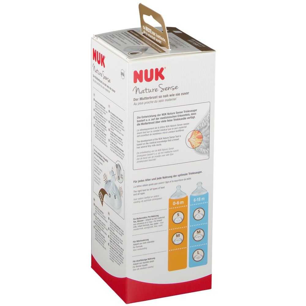 Dos de l'emballage. NUK Nature Sense. Informations sur le biberon. Recommandations d'âge et de tétine.