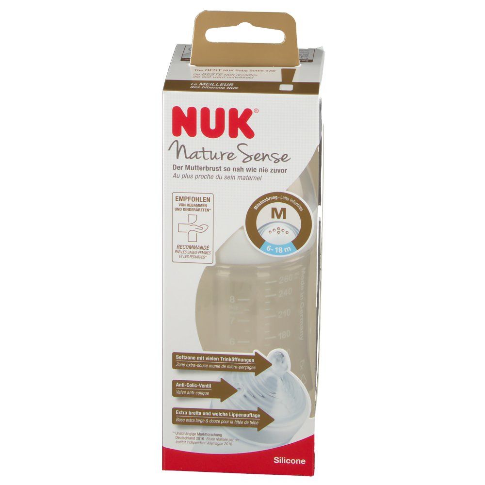 Emballage de biberon NUK Nature Sense. Tétine M, 6-18 mois. En silicone. Recommandé.