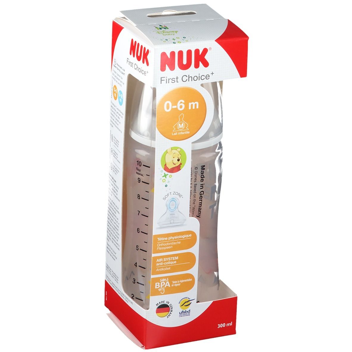Biberon NUK First Choice en emballage. Recommandé pour 0-6 mois. Motif Winnie l'Ourson. Sans BPA.