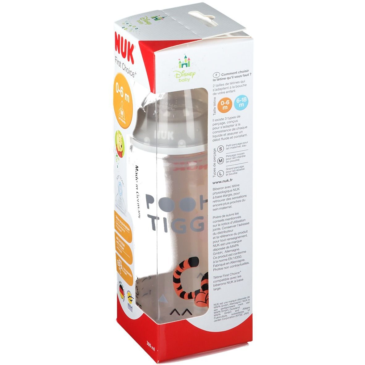 Biberon NUK First Choice en emballage. Avec motifs Pooh et Tigrou. 0-6 mois. Fabriqué en Allemagne.