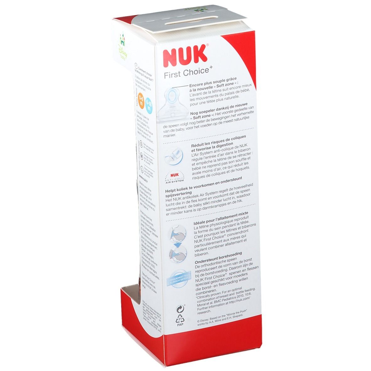 Emballage du biberon NUK First Choice. Informations sur le biberon et recommandation d'âge. Multilingue.