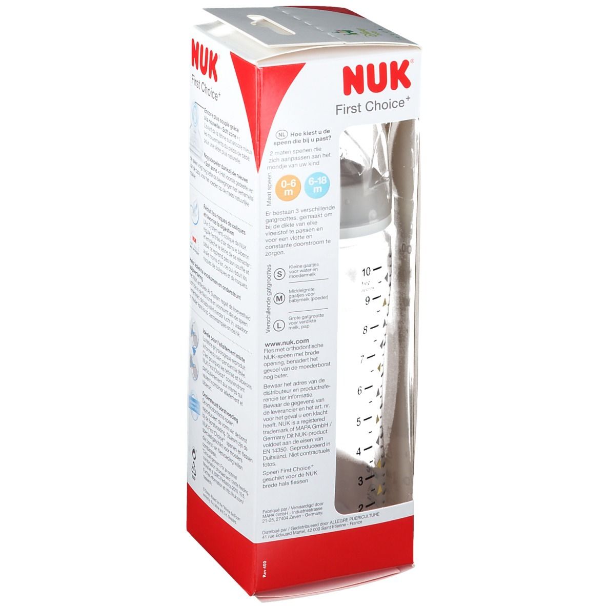 Biberon NUK First Choice en emballage. 0-6 mois. Avec échelle et informations. Fabriqué en Allemagne.