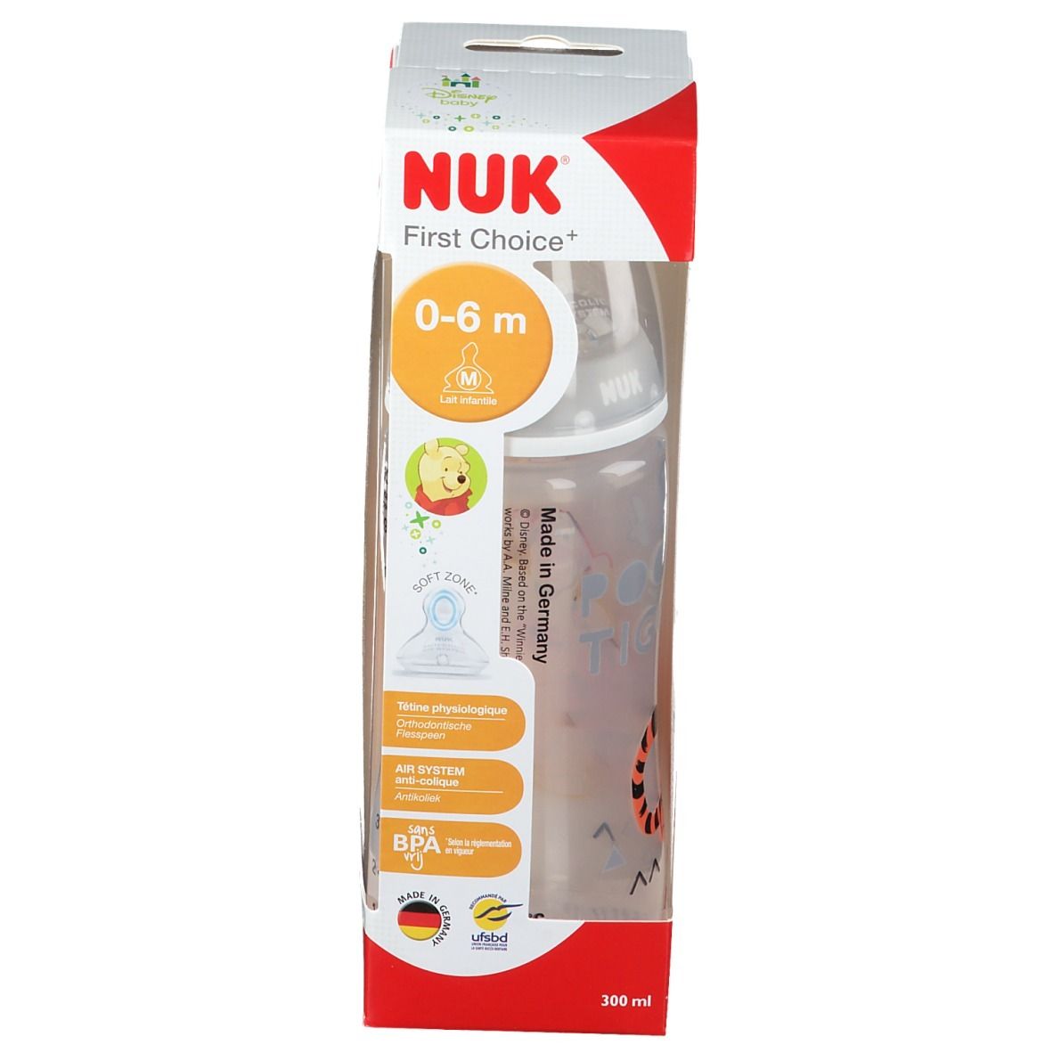 Biberon NUK First Choice en emballage. Motif Winnie l'Ourson. 0-6 mois. Sans BPA.