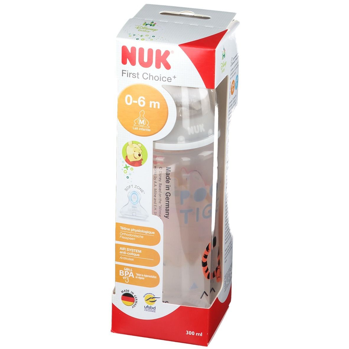 Biberon NUK First Choice en emballage. Motifs Pooh et Tigrou. 0-6 mois. Fabriqué en Allemagne.
