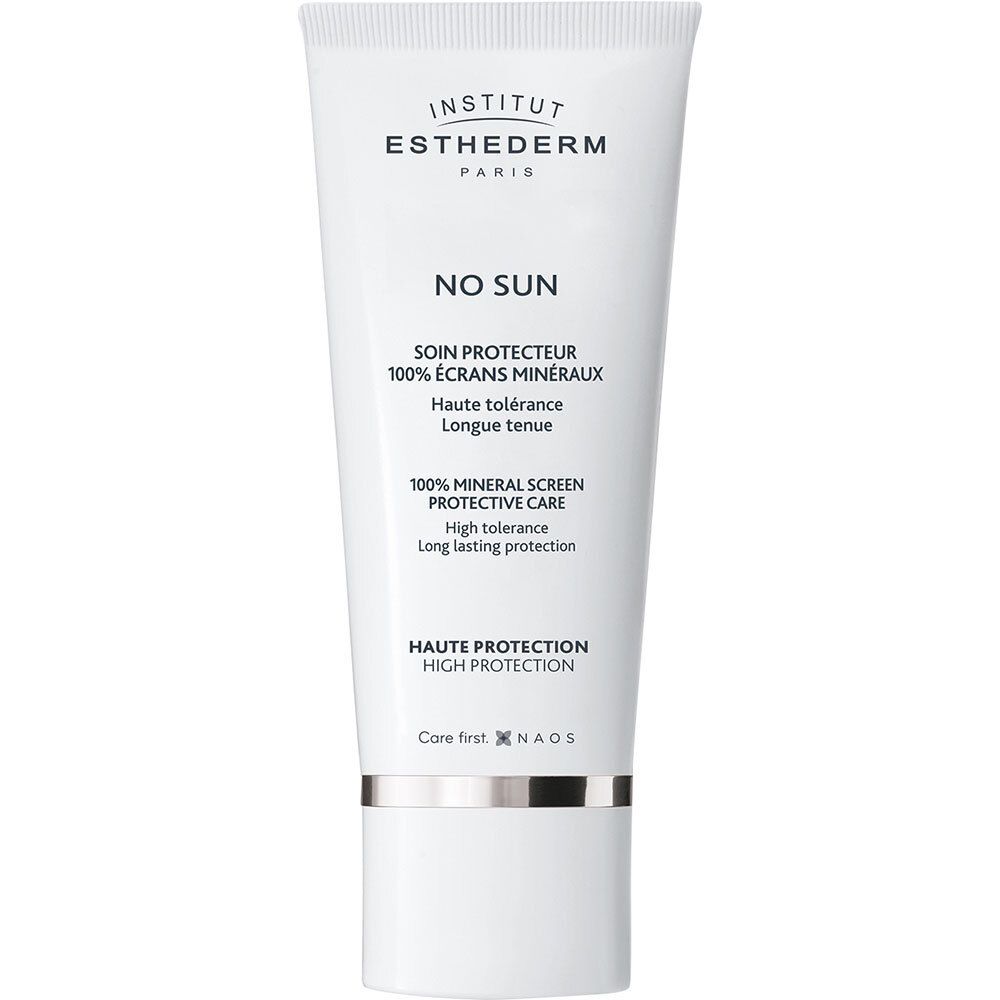 Tube blanc avec texte INSTITUT ESTHEDERM, NO SUN. Anneau argenté à la base. Protection solaire minérale.