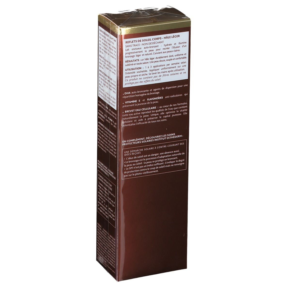 Braune Verpackung mit Text. INSTITUT ESTHEDERM PARIS, REFLETS DE SOLEIL, Inhaltsstoffe, Anwendungshinweise und Vorteile.