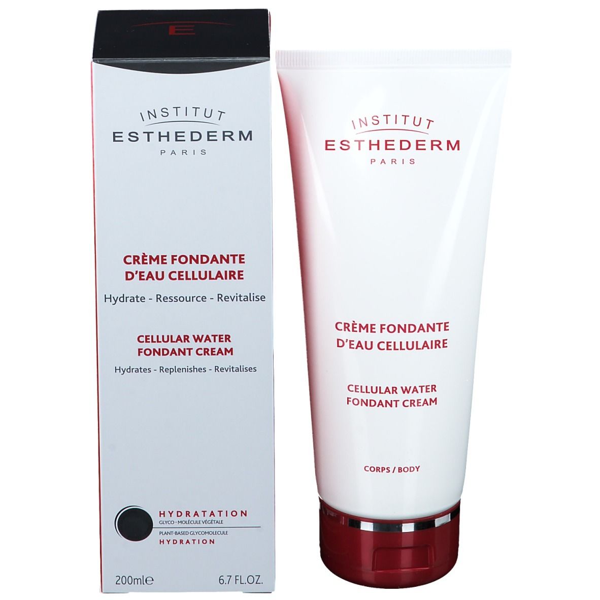 Produktverpackung und Tube. Verpackung: INSTITUT ESTHEDERM PARIS. CRÈME FONDANTE D'EAU CELLULAIRE. CELLULAR WATER FONDANT CREAM. 200ml 6.7 FL.OZ.