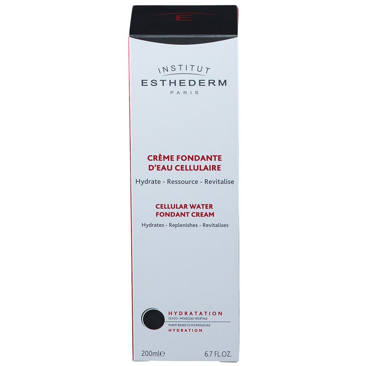 Produktverpackung. INSTITUT ESTHEDERM PARIS. CRÈME FONDANTE D'EAU CELLULAIRE. CELLULAR WATER FONDANT CREAM. 200ml 6.7 FL.OZ. Schwarzer Kreis.