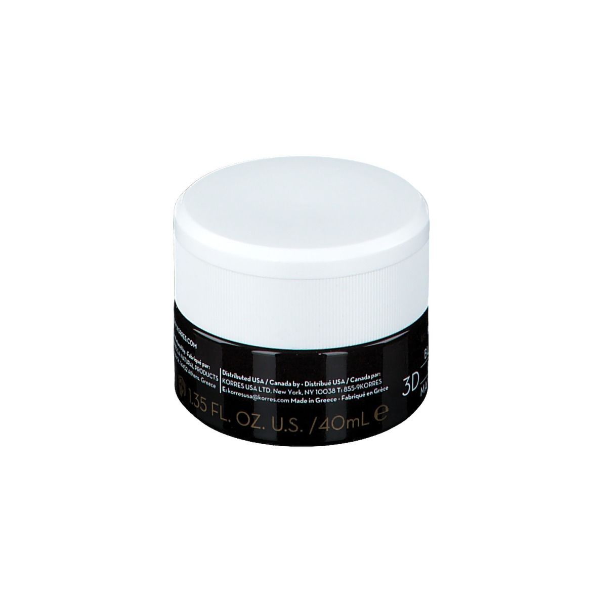 Creme-Tiegel mit weißem Deckel und schwarzem Band. Aufschrift: Korres Black Pine 3D, 40ml.