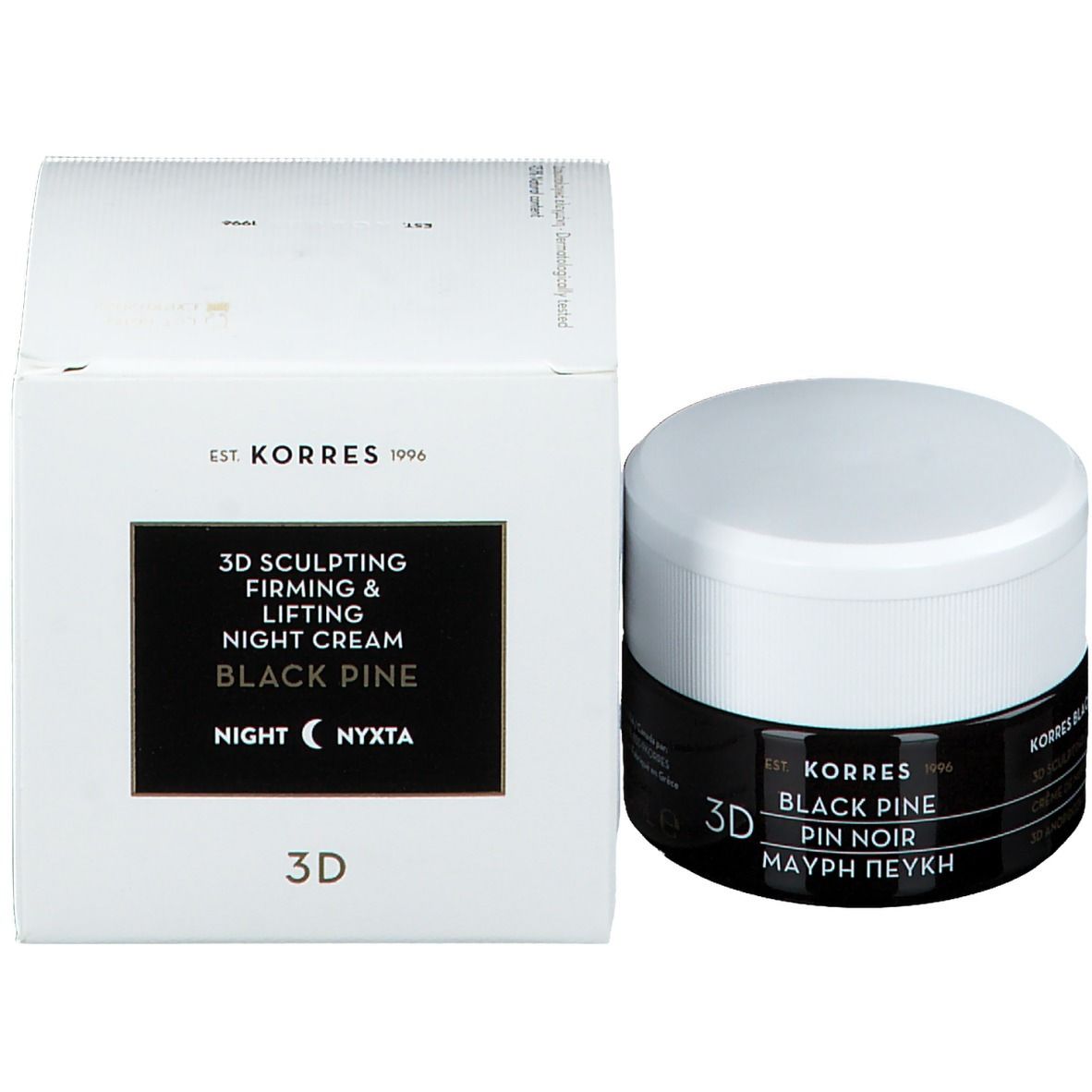 Creme-Tiegel und Verpackung. Aufschrift: Korres, Black Pine, 3D Sculpting & Lifting Night Cream, Nacht.