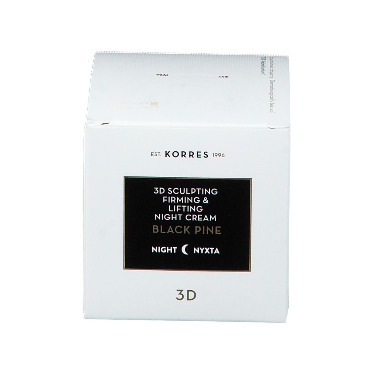 Verpackung. Aufschrift: Korres, Black Pine, 3D Sculpting & Lifting Night Cream, Nacht, 3D.