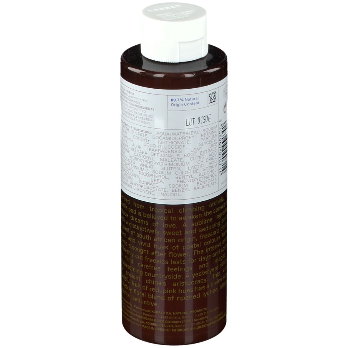 Flacon marron avec bouchon blanc. Étiquette avec ingrédients et description du produit. Vue arrière.