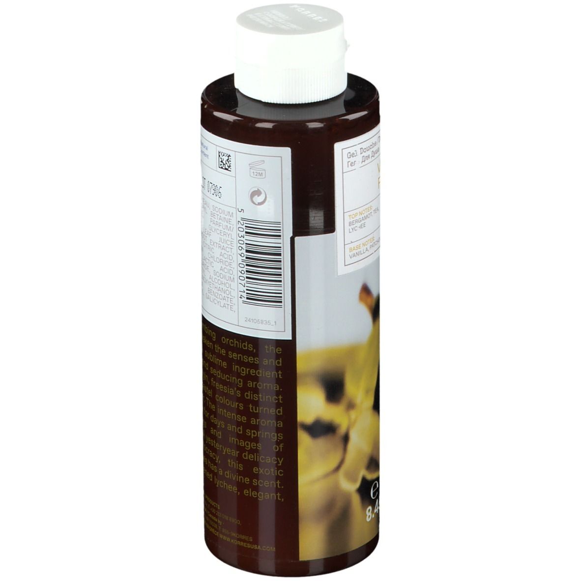 Flacon marron avec bouchon blanc. Étiquette avec informations produit et code-barres. Vue arrière.