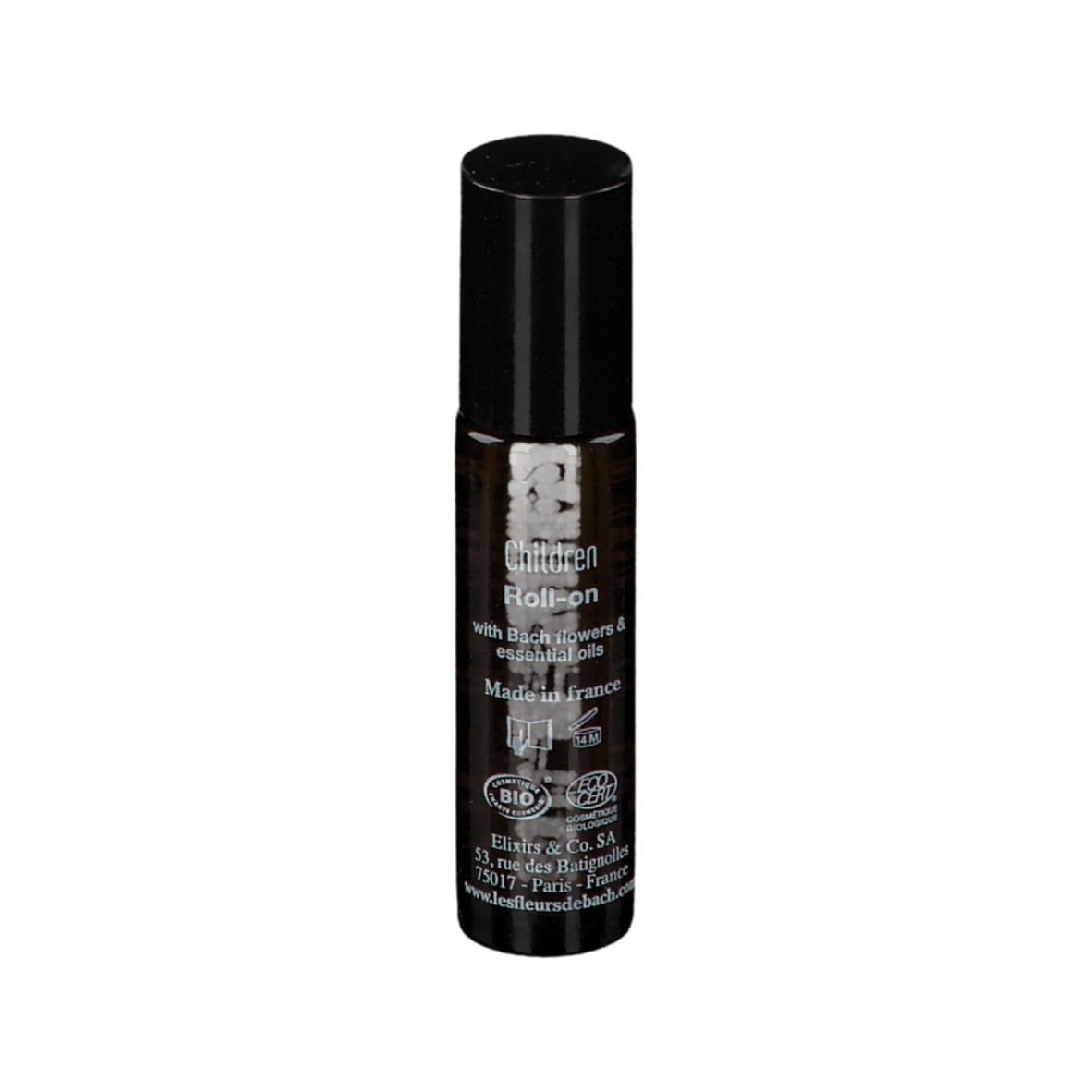 Flacon en verre ambré avec bouchon noir. Inscription : Enfants Children Roll-on. Certification Bio.