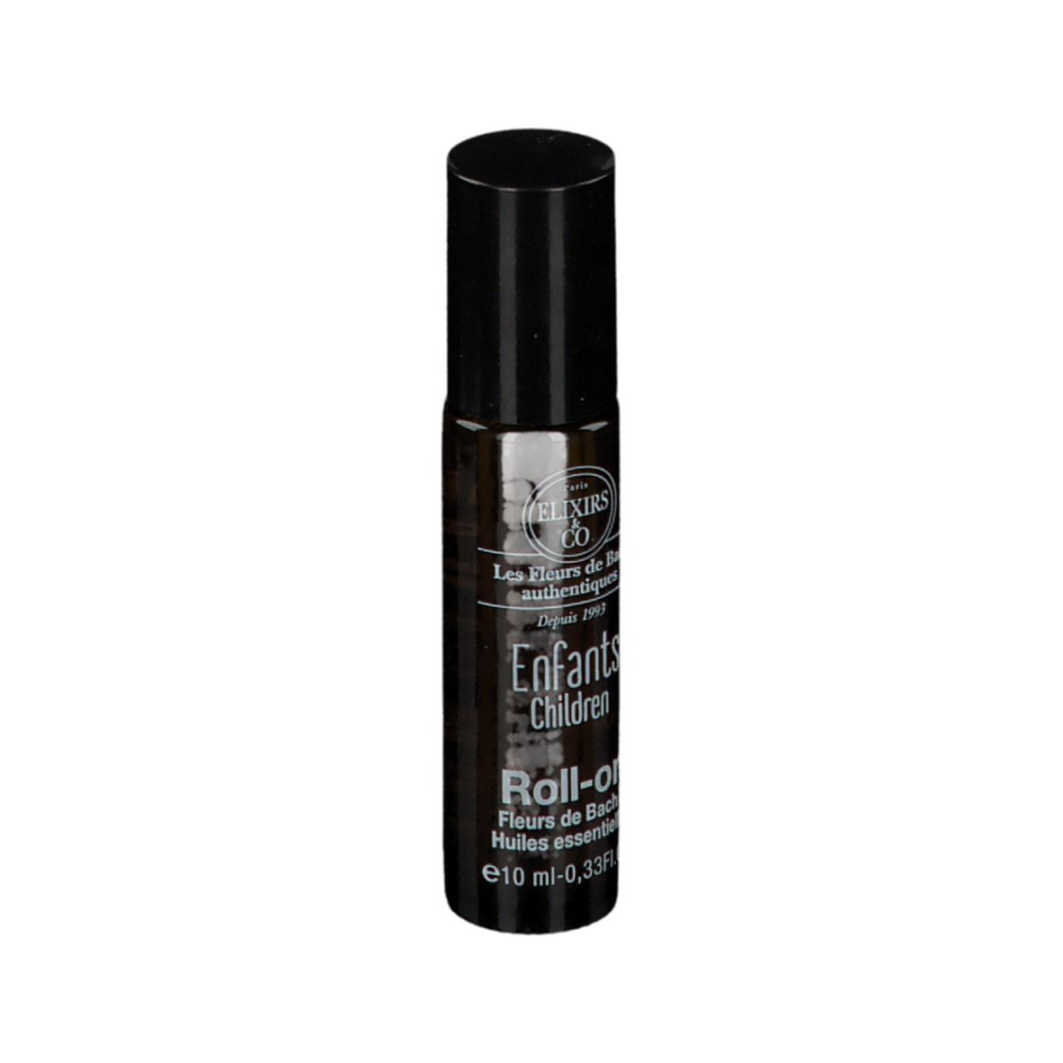 Flacon en verre ambré avec bouchon noir. Inscription : Enfants Children Roll-on. 10 ml.