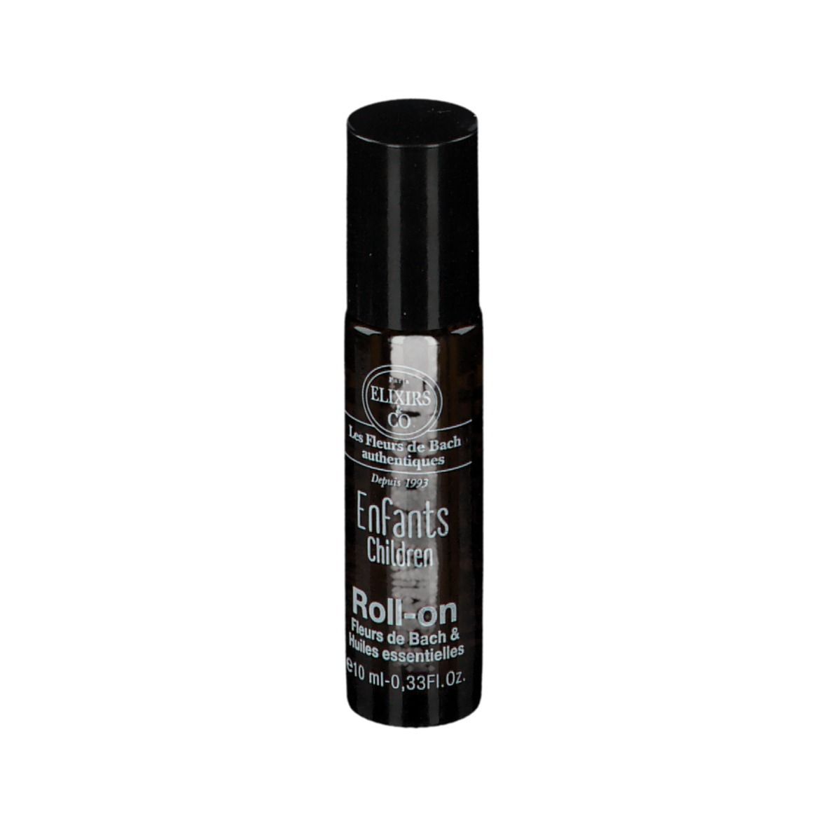 Flacon en verre ambré avec bouchon noir. Inscription : Enfants Children Roll-on. 10 ml.