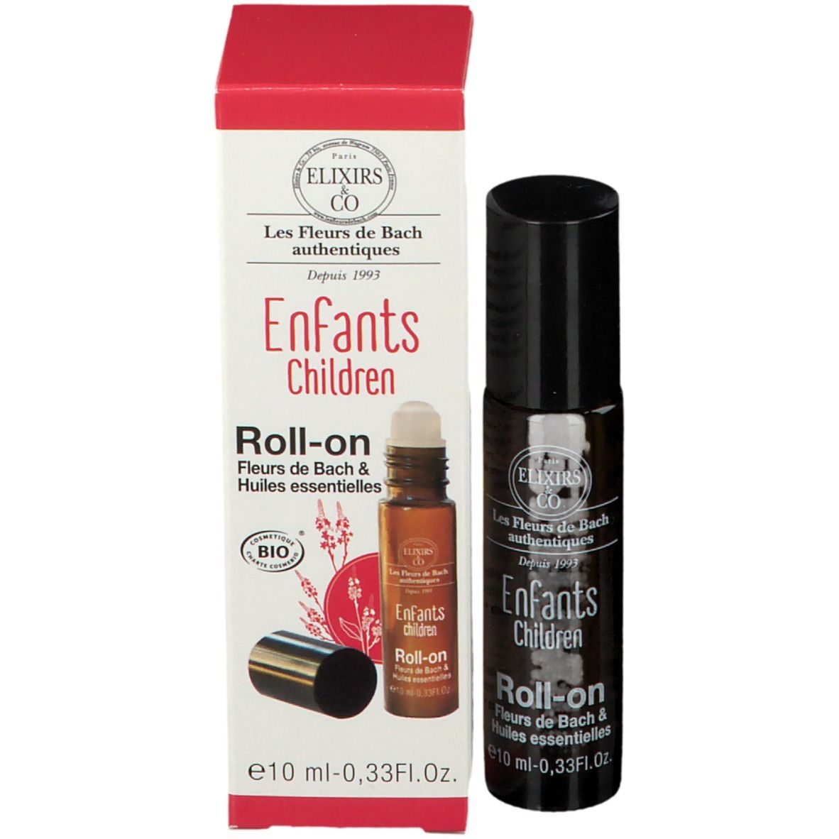 Emballage produit avec flacon et carton. Inscription : Enfants Children Roll-on. Certification Bio.
