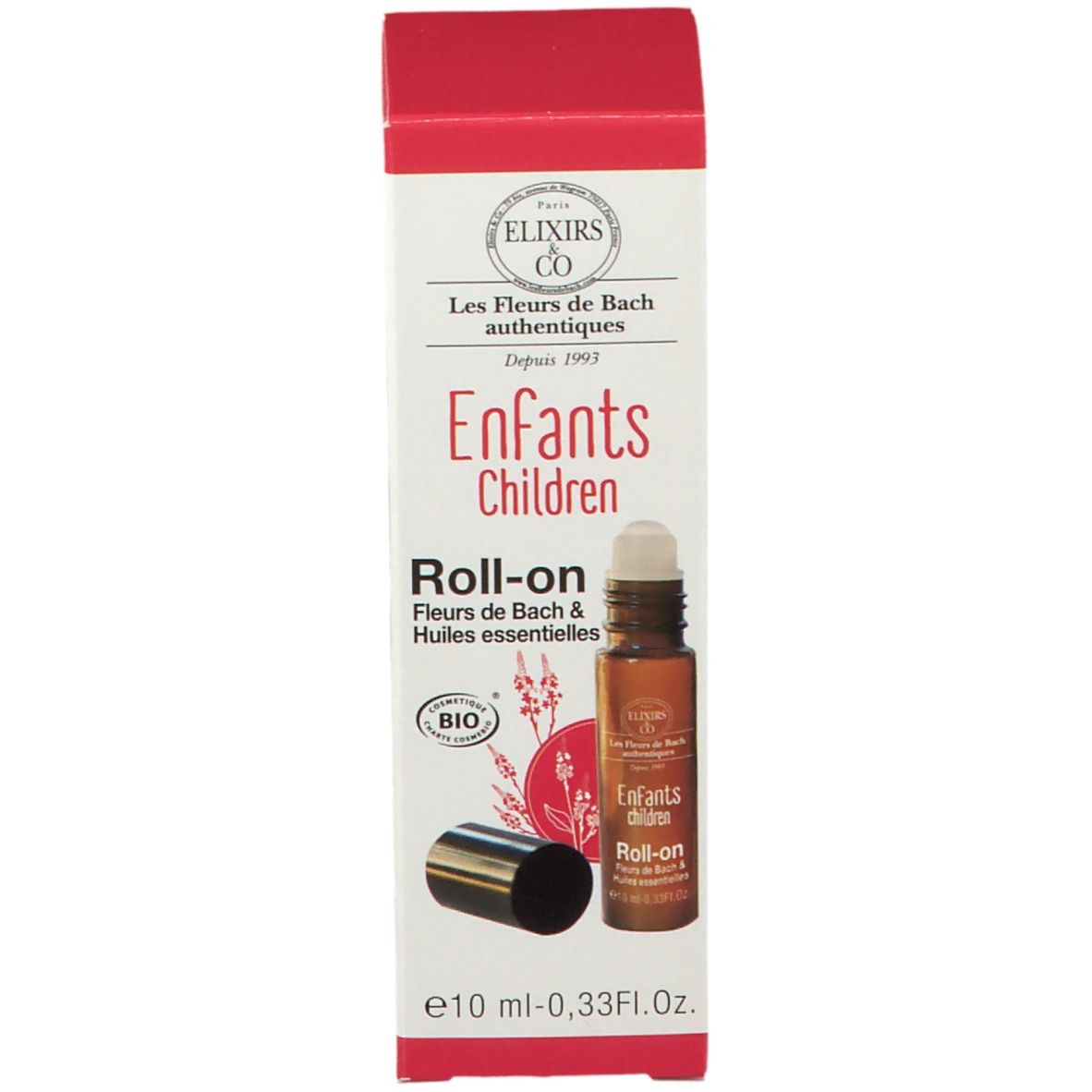 Emballage produit avec flacon et carton. Inscription : Enfants Children Roll-on. Certification Bio.