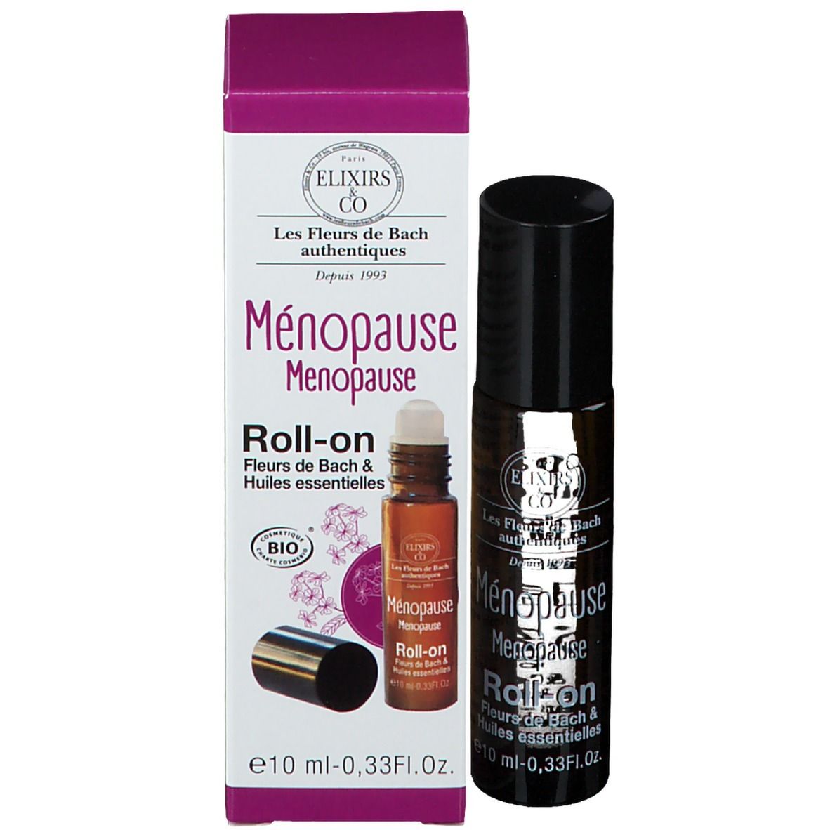 Emballage produit avec flacon et carton. Inscription: Ménopause Roll-on. Avec label bio.