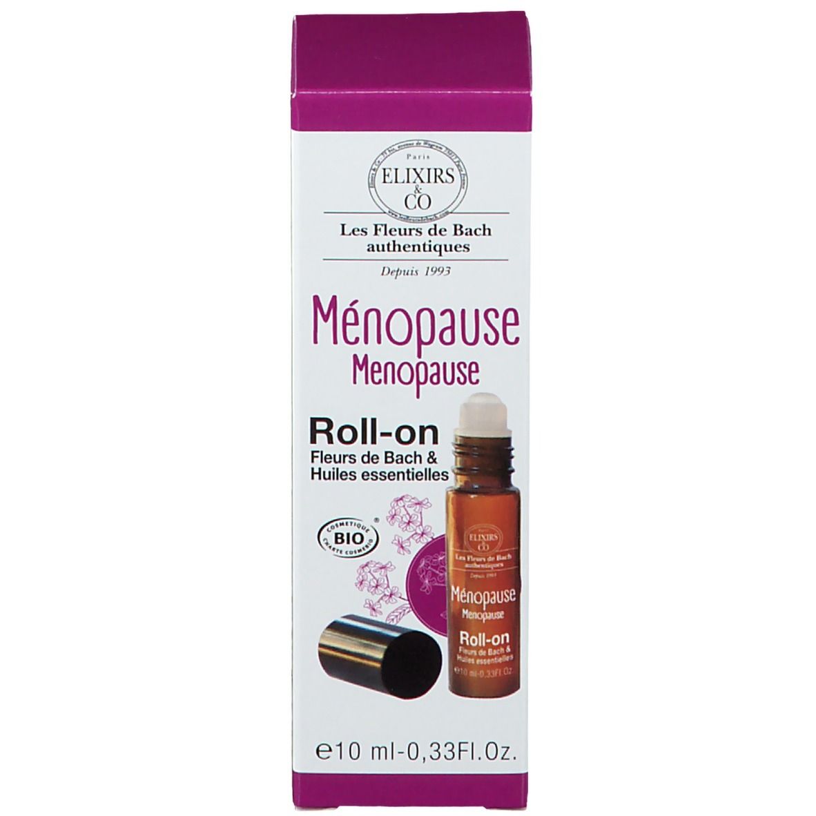 Emballage produit avec flacon et carton. Inscription: Ménopause Roll-on. Avec label bio.