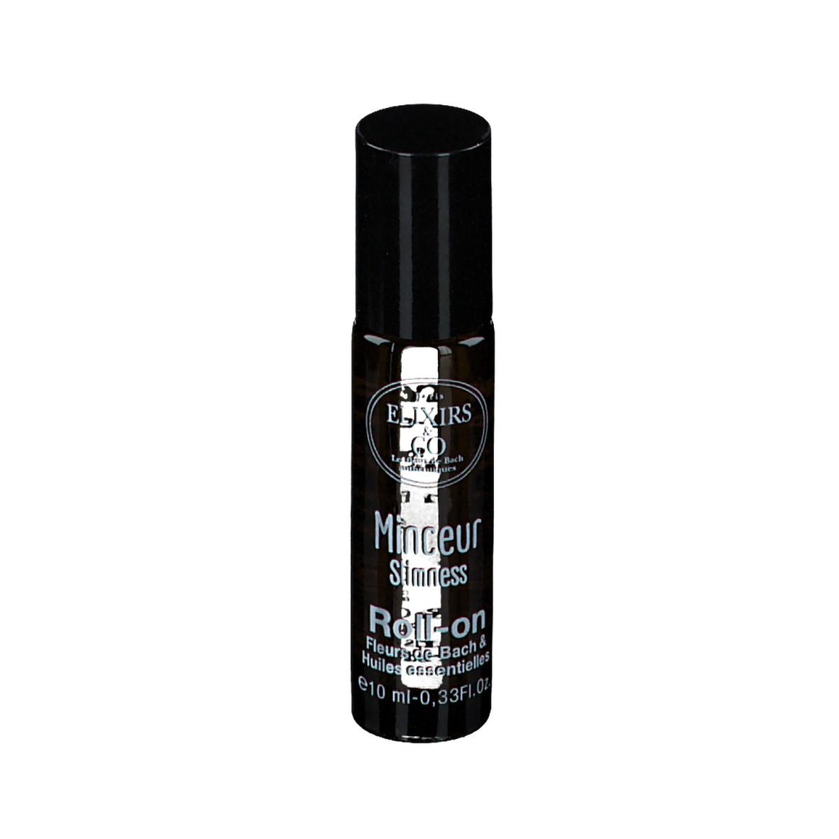 Flacon en verre ambré avec bouchon noir. Inscription : Elixirs & Co, Roll-on, 10 ml.