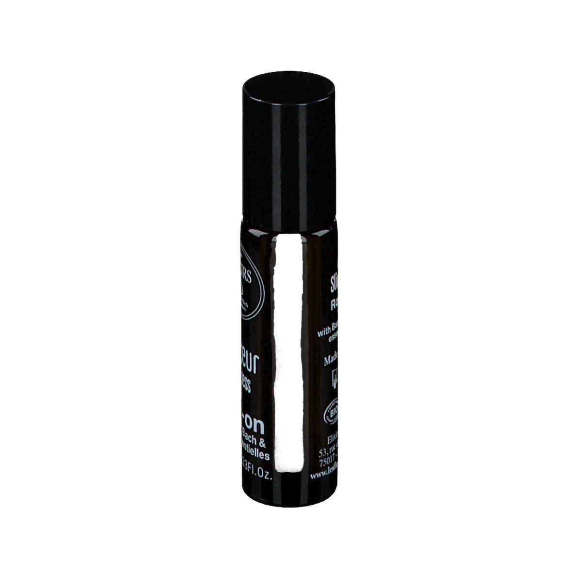 Flacon en verre ambré avec bouchon noir. Inscription : Elixirs & Co, Roll-on, 10 ml.