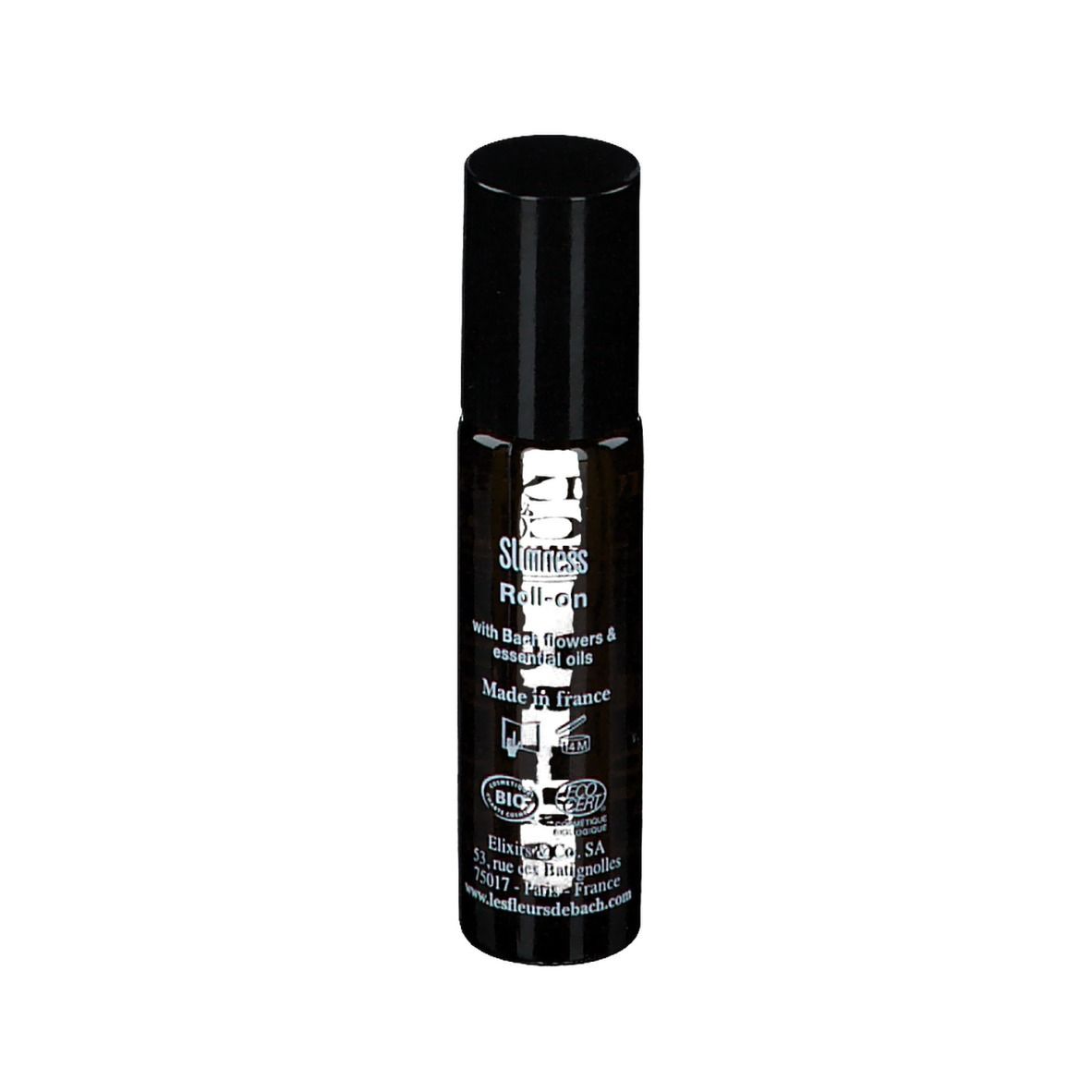 Flacon en verre ambré avec bouchon noir. Inscription : Elixirs & Co, Roll-on, 10 ml.