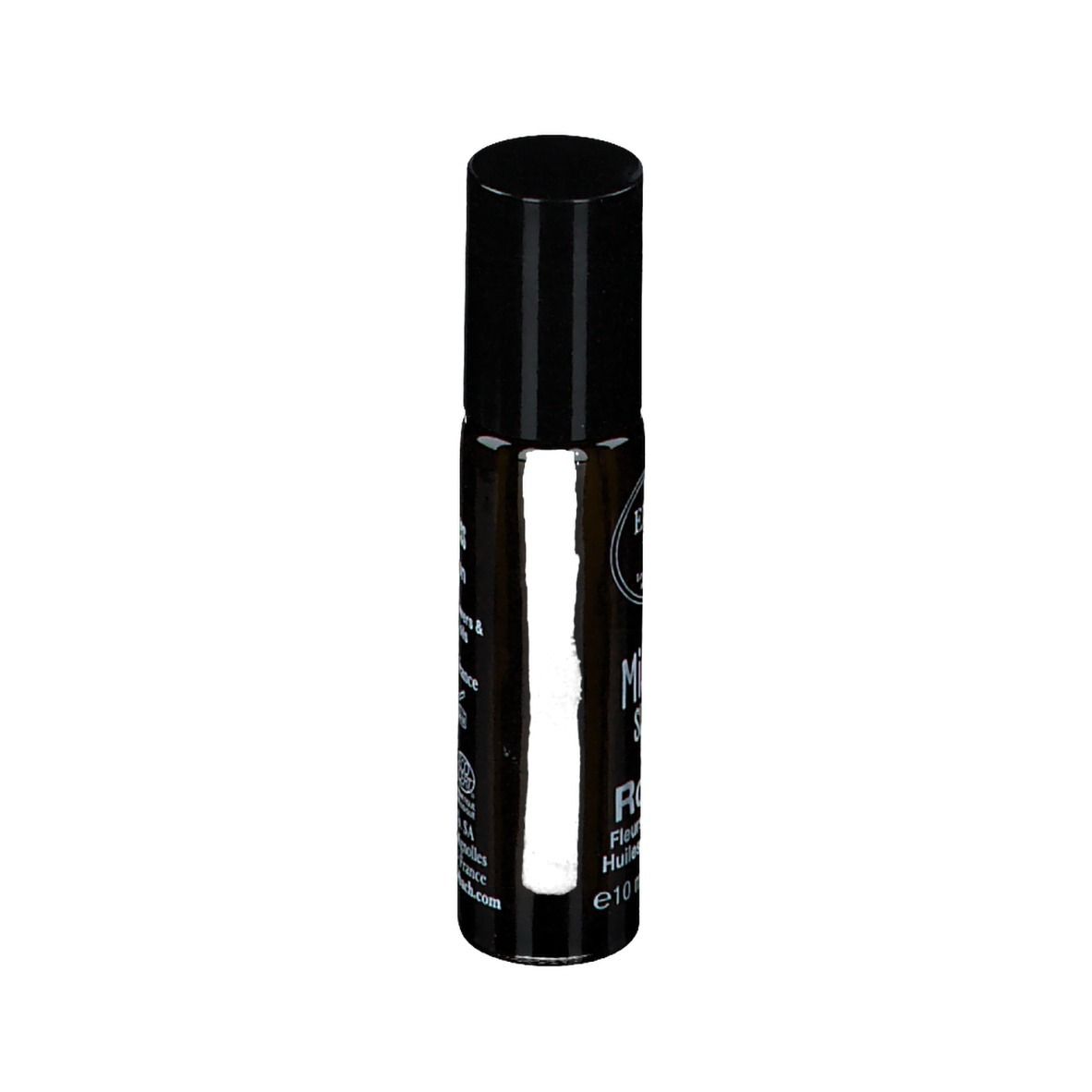Flacon en verre ambré avec bouchon noir. Inscription : Elixirs & Co, Roll-on, 10 ml.