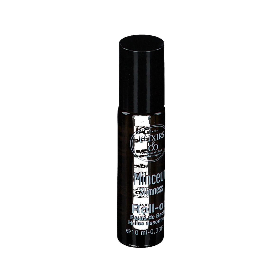 Flacon en verre ambré avec bouchon noir. Inscription : Elixirs & Co, Roll-on, 10 ml.