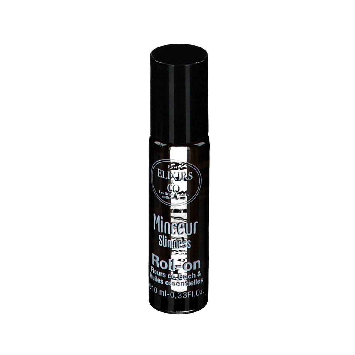 Flacon en verre ambré avec bouchon noir. Inscription : Elixirs & Co, Roll-on, 10 ml.