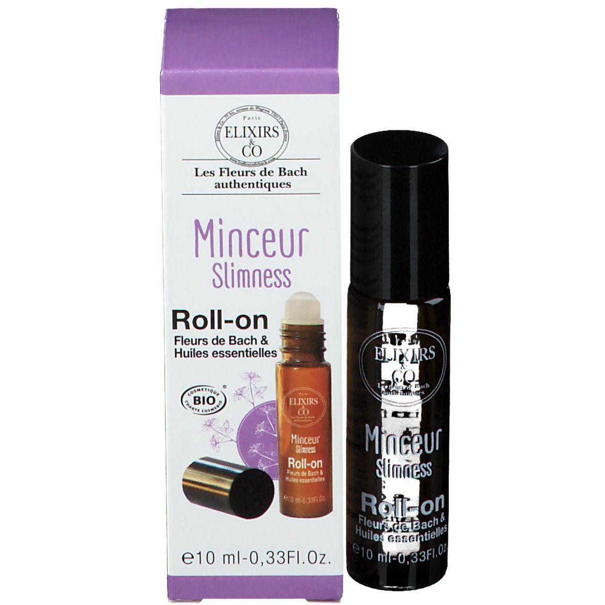 Flacon en verre ambré avec bouchon noir et emballage. Inscription : Elixirs & Co, Roll-on, 10 ml.
