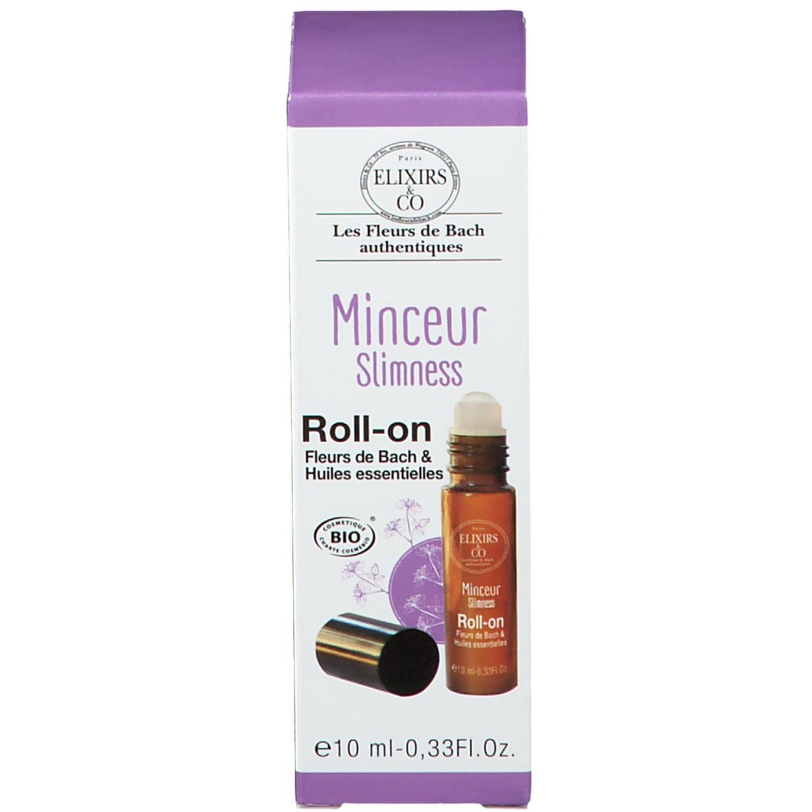 Emballage avec flacon en verre ambré et bouchon noir. Inscription : Elixirs & Co, Roll-on, 10 ml.