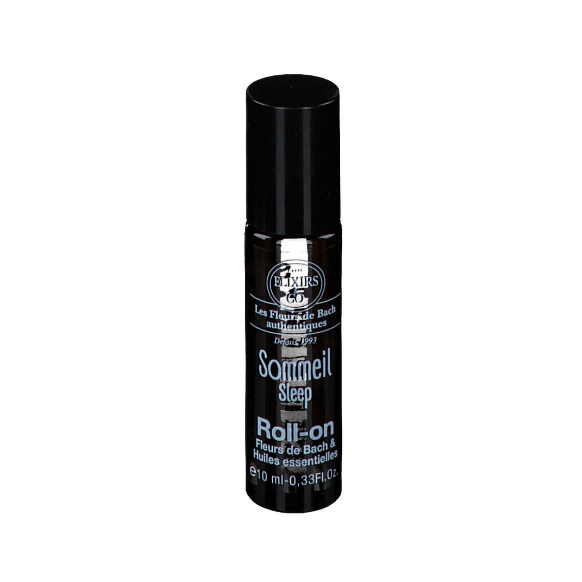 Schwarze Flasche mit Roll-on-Applikator. Beschriftung: Elixirs & Co, Sommeil Sleep, Roll-on. 10 ml.