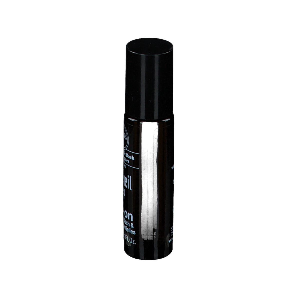 Schwarze Flasche mit Roll-on-Applikator. Beschriftung: Elixirs & Co, Sommeil Sleep, Roll-on. 10 ml.