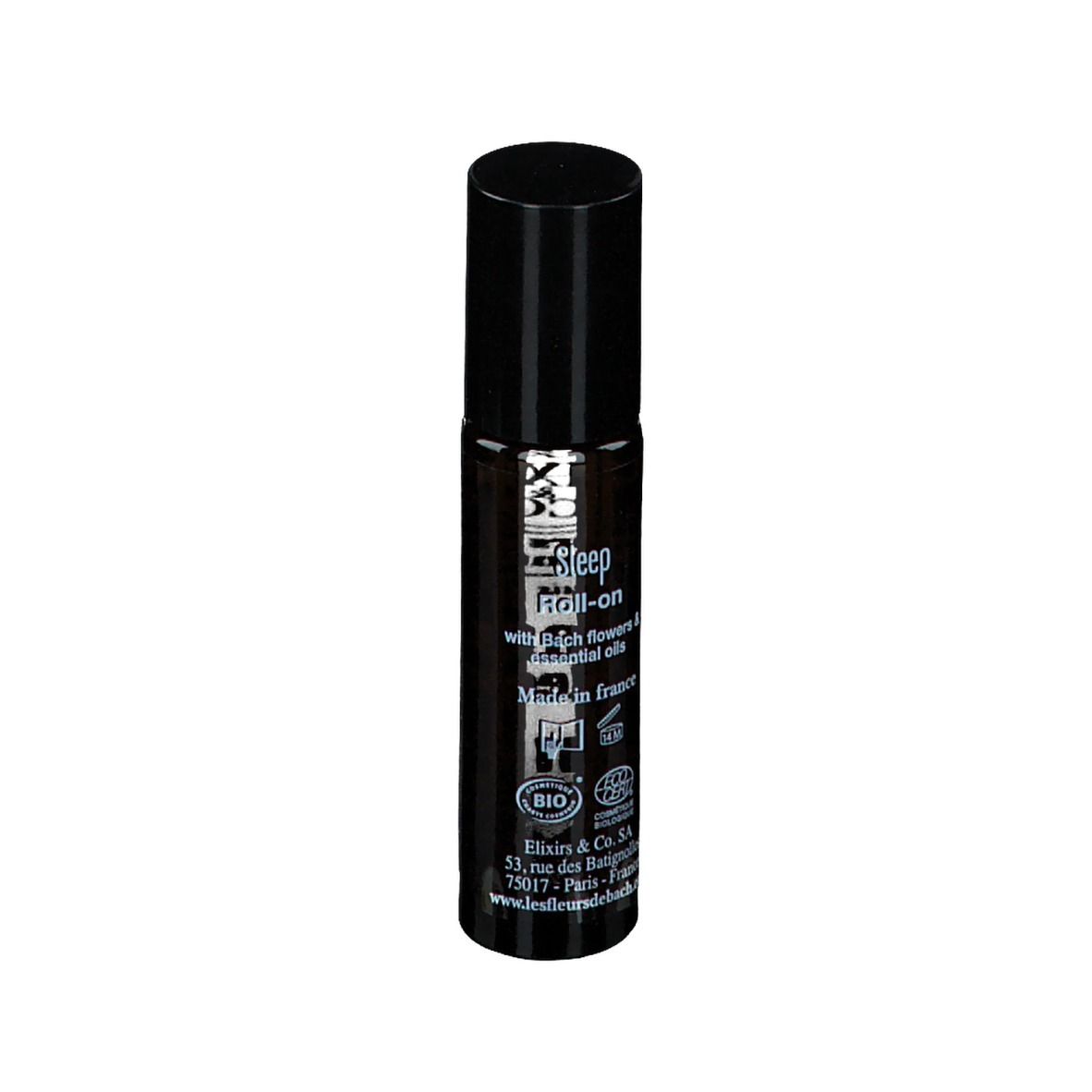 Schwarze Flasche mit Roll-on-Applikator. Beschriftung: Elixirs & Co, Sommeil Sleep, Roll-on. 10 ml.